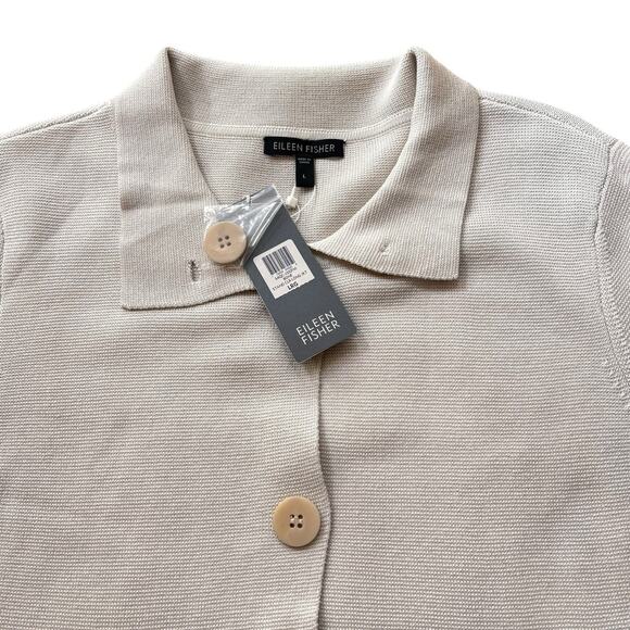 Eileen Fisher Silk Cotton Long Button Front Stand Collar Cardigan Large Bone Tan - Picture 3 of 7